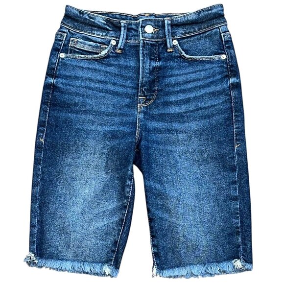 Good American 10" Bermuda Jean Denim Shorts Dark Wash Frey Hem GLB619T Size 2/26 - Picture 1 of 7